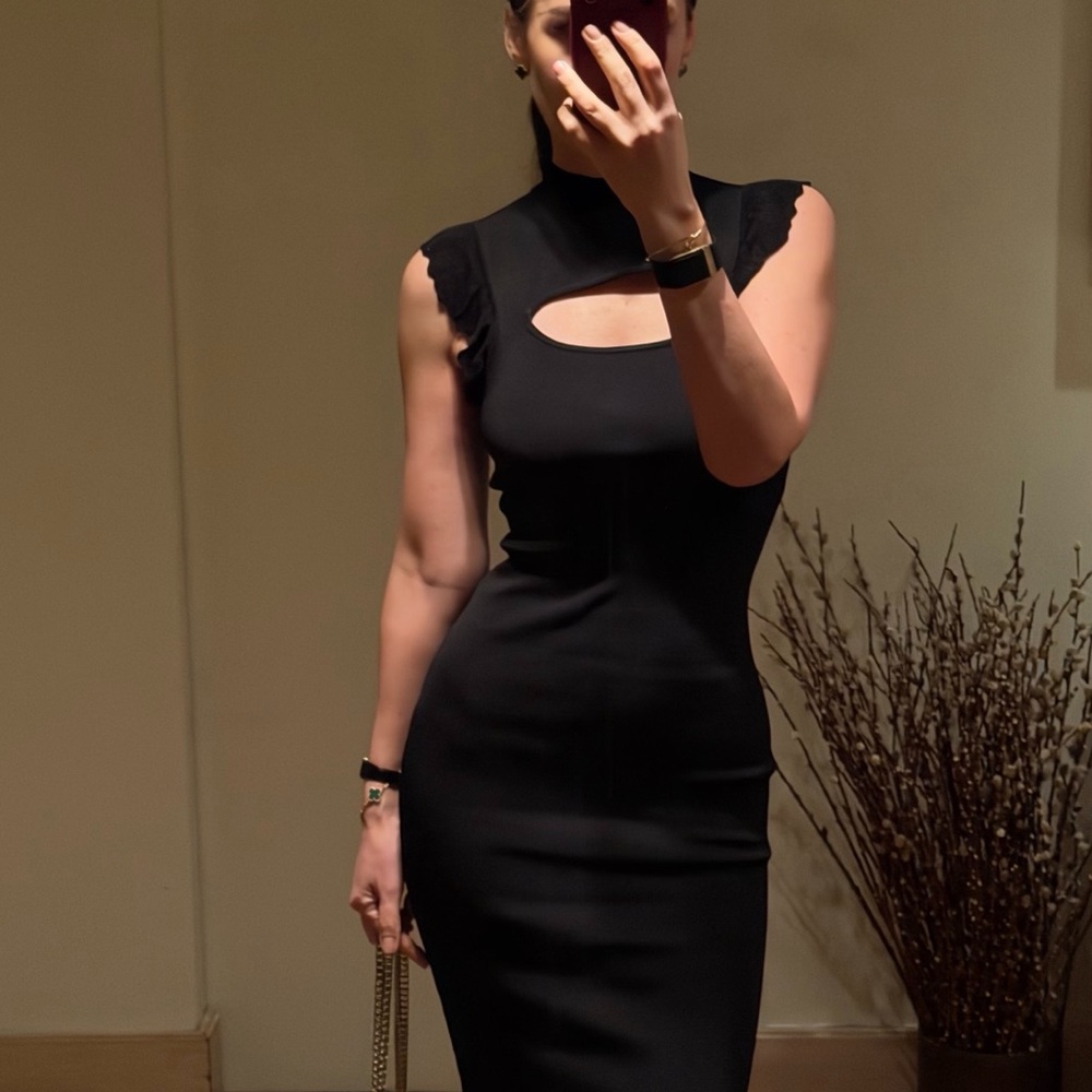 Bailey 44 Black Midi Dress with Front Cutout and Ruffle Sleeves